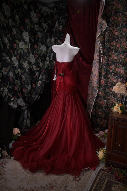 Elegant Mermaid Sweetheart Burgundy Tulle With Beading Long Prom Dresses Formal Outfit Evening Night Dress RB8029
