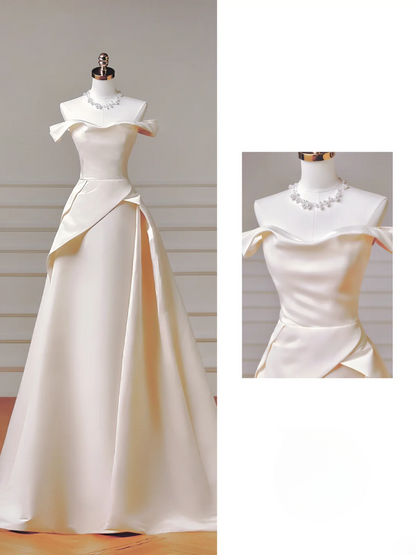Romantic Long Wedding Dresses A Line Off The Shoulder Satin Pleated Wedding Dress Style For Brides Fitted With Train Bridal Gowns AQ001