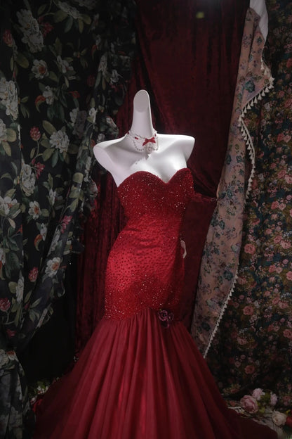 Elegant Mermaid Sweetheart Burgundy Tulle With Beading Long Prom Dresses Formal Outfit Evening Night Dress RB8029