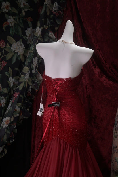 Elegant Mermaid Sweetheart Burgundy Tulle With Beading Long Prom Dresses Formal Outfit Evening Night Dress RB8029