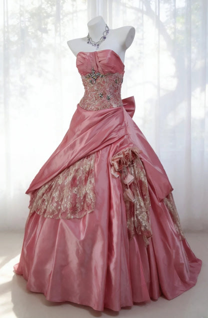 Vintage Ball Gown Strapless Pink Taffeta Prom Dresses Inspiration Long Party Evening Dress 20th Birthday Outfits AB2345