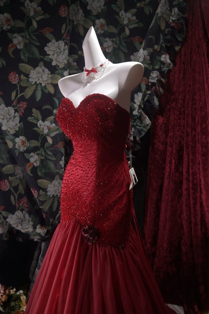 Elegant Mermaid Sweetheart Burgundy Tulle With Beading Long Prom Dresses Formal Outfit Evening Night Dress RB8029