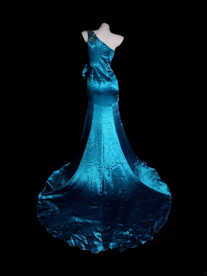 Mermaid Prom Dress One Shoulder Blue Satin Modest Floor Length Formal Party Gown RB9811