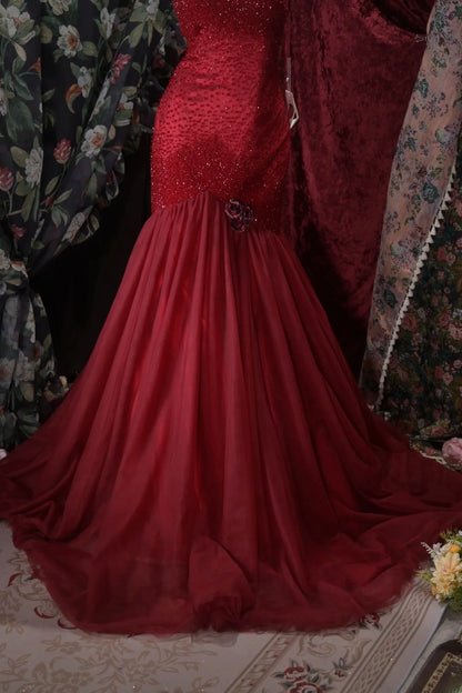 Elegant Mermaid Sweetheart Burgundy Tulle With Beading Long Prom Dresses Formal Outfit Evening Night Dress RB8029
