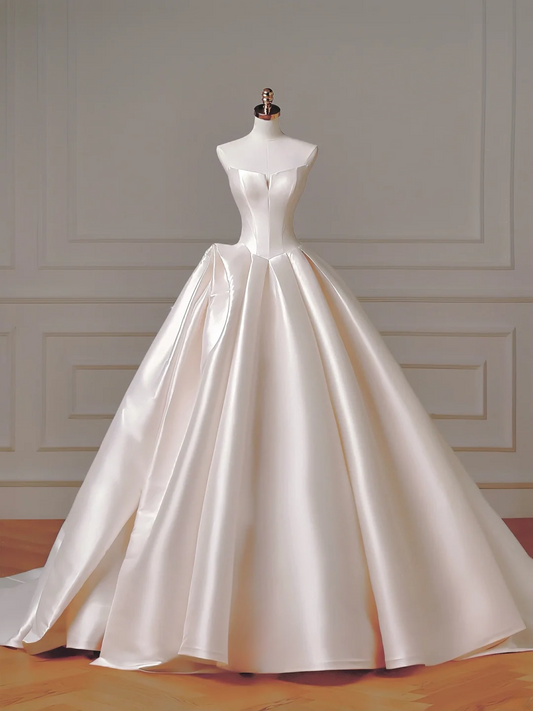 Princess Long Wedding Gowns Ball Gown Sweetheart Sleeveless Satin for Bride With Pleated Corset Fitted Train Bridal Dress AQ002