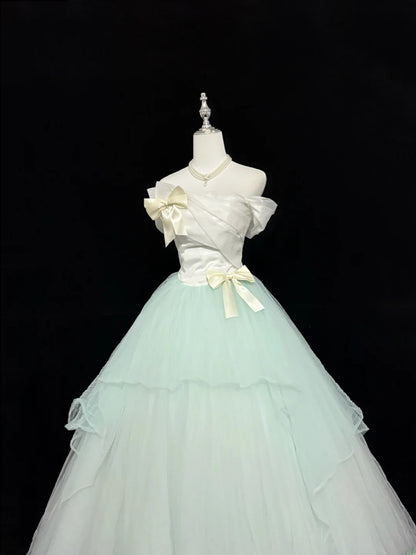 Princess Prom Dresses Ball Gown Off The Shoulder Mint Green Tulle Evening Long Formal Dress RB7376