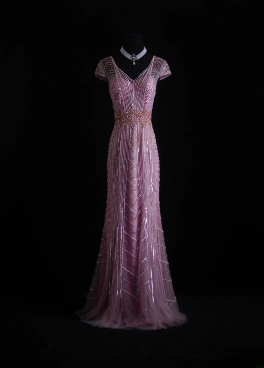 Vintage Mermaid V Neck 1960s Beaded With Short Sleeves Tulle Evening For Women Party Dresses Long Formal Prom Dresses 20th Birthday Gowns AS002