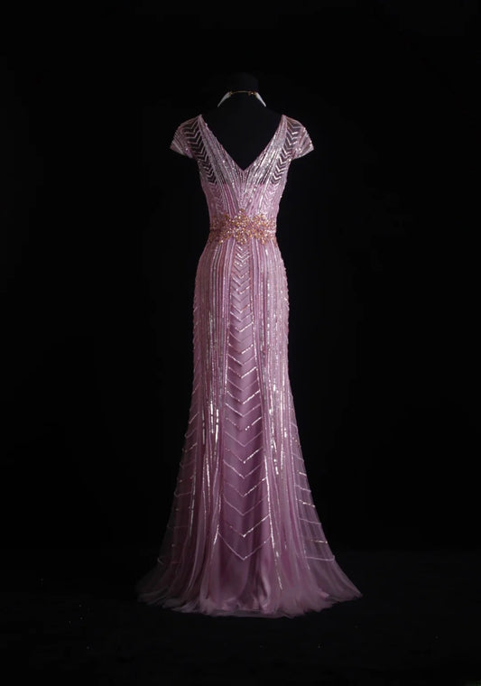 Vintage Mermaid V Neck 1960s Beaded With Short Sleeves Tulle Evening For Women Party Dresses Long Formal Prom Dresses 20th Birthday Gowns AS002