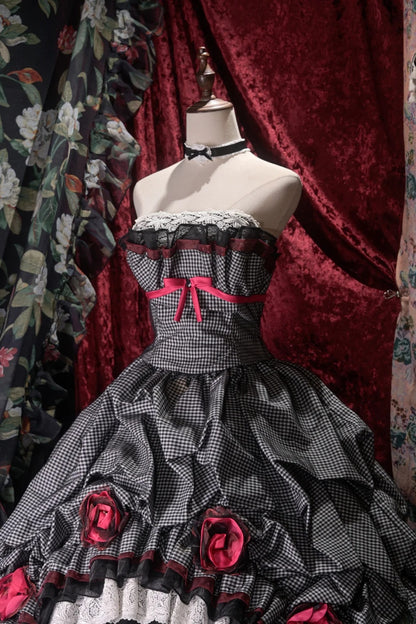 Princesses Fairytale Ball Gown Strapless Black Lattice Tulle Long With Flowers Quince Dress Quinceanera Dresses Formal Birthday Outfits RB8030