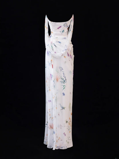 Floral Prom Dress Aesthetic Sheath Strapless With Pleated Style Impress White Long Prom Dresses Party Formal Gowns SA003