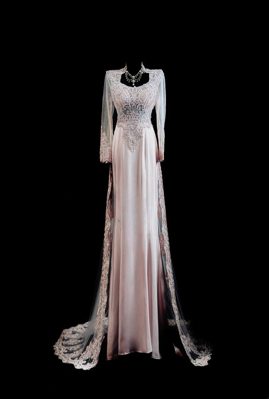 Vintage Prom Dresses 90s A line Pink Chiffon With Long Sleeves Beading Evening Formal Outfits RB5816