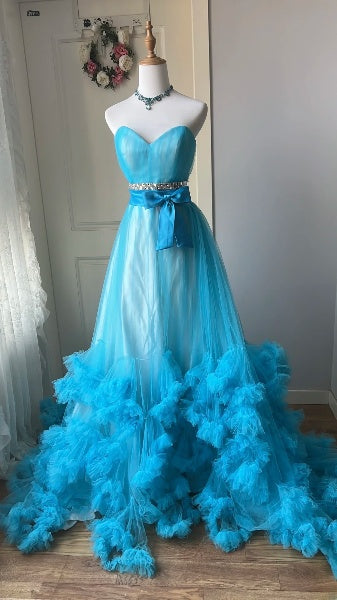 Sweet 16 Dresses Long Sweetheart Blue Tulle Ball Gown Sleeveless Sweet Sixteen Birthday Gown RC0373