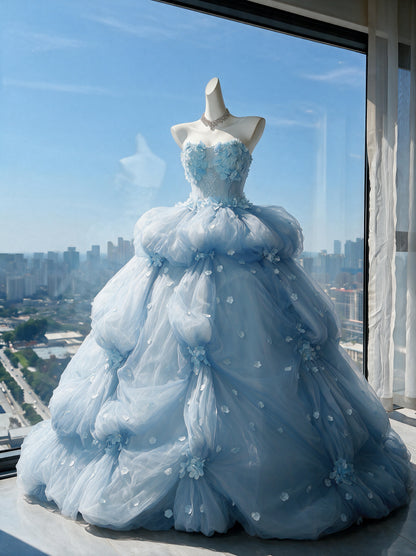 Fairy Quinceanera Dress Ball Gown Sweetheart Light Sky Blue Tulle With Flowers Tiered 16th Birthday Party Outfit RC0963