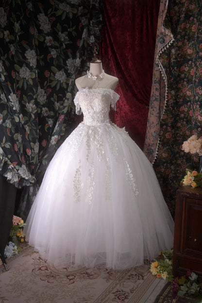 Vintage 80s Ball Gown Off The Shoulder Tulle White With Appliques Tassels Brides Gown Bridal Dress Wedding Dresses RB8031