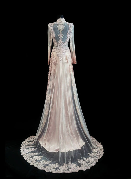 Vintage Prom Dresses 90s A line Pink Chiffon With Long Sleeves Beading Evening Formal Outfits RB5816