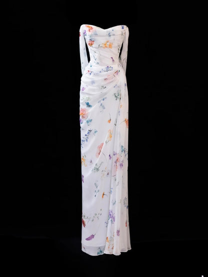 Floral Prom Dress Aesthetic Sheath Strapless With Pleated Style Impress White Long Prom Dresses Party Formal Gowns SA003