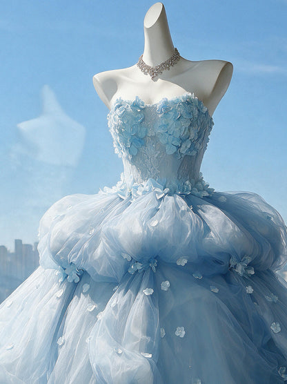 Fairy Quinceanera Dress Ball Gown Sweetheart Light Sky Blue Tulle With Flowers Tiered 16th Birthday Party Outfit RC0963