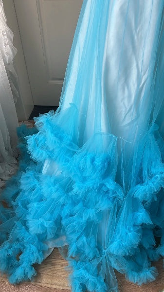 Sweet 16 Dresses Long Sweetheart Blue Tulle Ball Gown Sleeveless Sweet Sixteen Birthday Gown RC0373