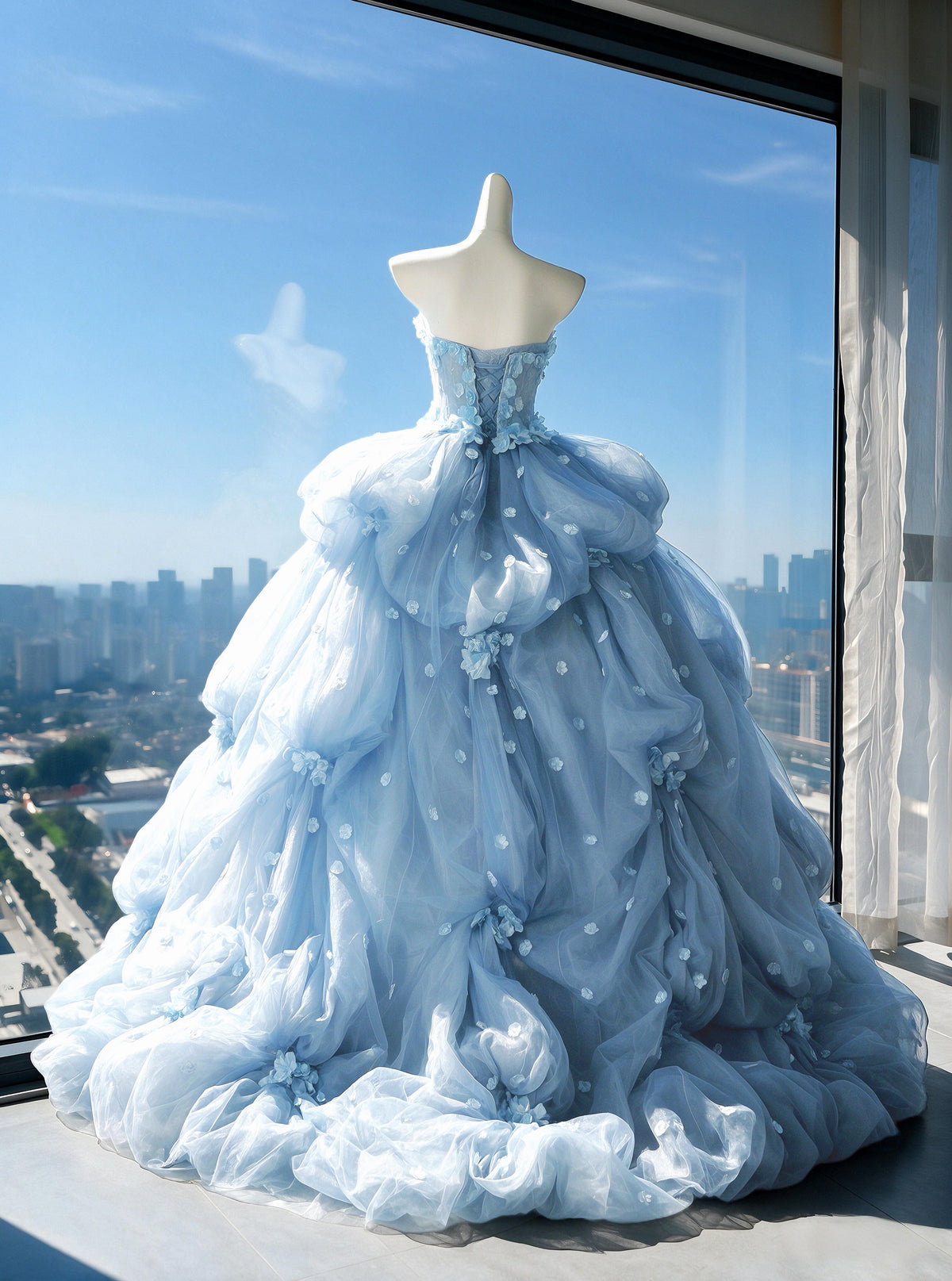 Fairy Quinceanera Dress Ball Gown Sweetheart Light Sky Blue Tulle With Flowers Tiered 16th Birthday Party Outfit RC0963
