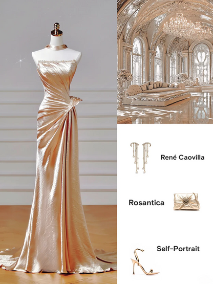 Modest Prom Dresses Aesthetic Mermaid Strapless Gold With Beaded Inspiration Impress Long Party Formal Gown For Teenagers High Schools AQ003