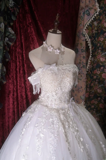 Vintage 80s Ball Gown Off The Shoulder Tulle White With Appliques Tassels Brides Gown Bridal Dress Wedding Dresses RB8031