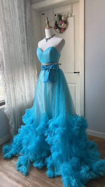 Sweet 16 Dresses Long Sweetheart Blue Tulle Ball Gown Sleeveless Sweet Sixteen Birthday Gown RC0373