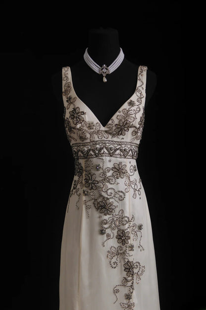 Vintage Mermaid V Neck 90s Beaded With Beads Chiffon Slit Evening For Women Party Dresses Long Formal Prom Dresses 20th Birthday Gowns AS003