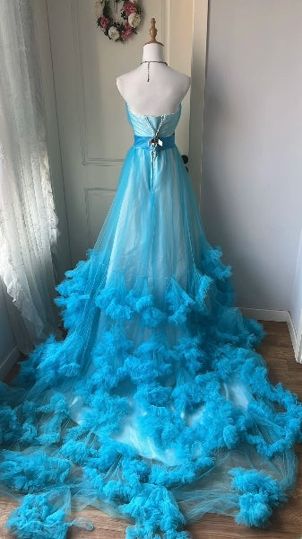 Sweet 16 Dresses Long Sweetheart Blue Tulle Ball Gown Sleeveless Sweet Sixteen Birthday Gown RC0373