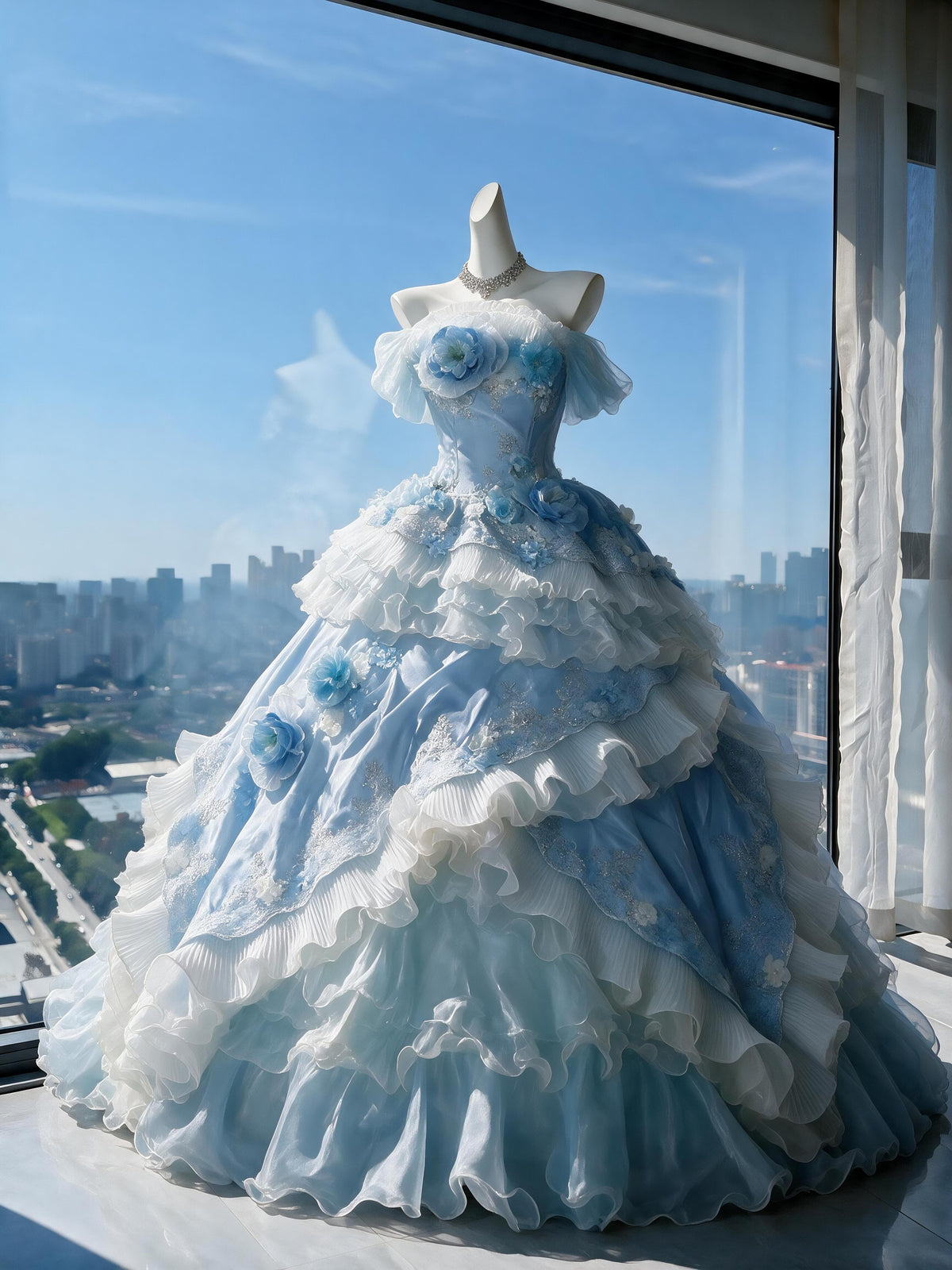 Fairy Quinceanera Dress Ball Gown Off The Shoulder Blue Tulle With Flowers Tiered Layers 15th Birthday Party Outfit RC0964