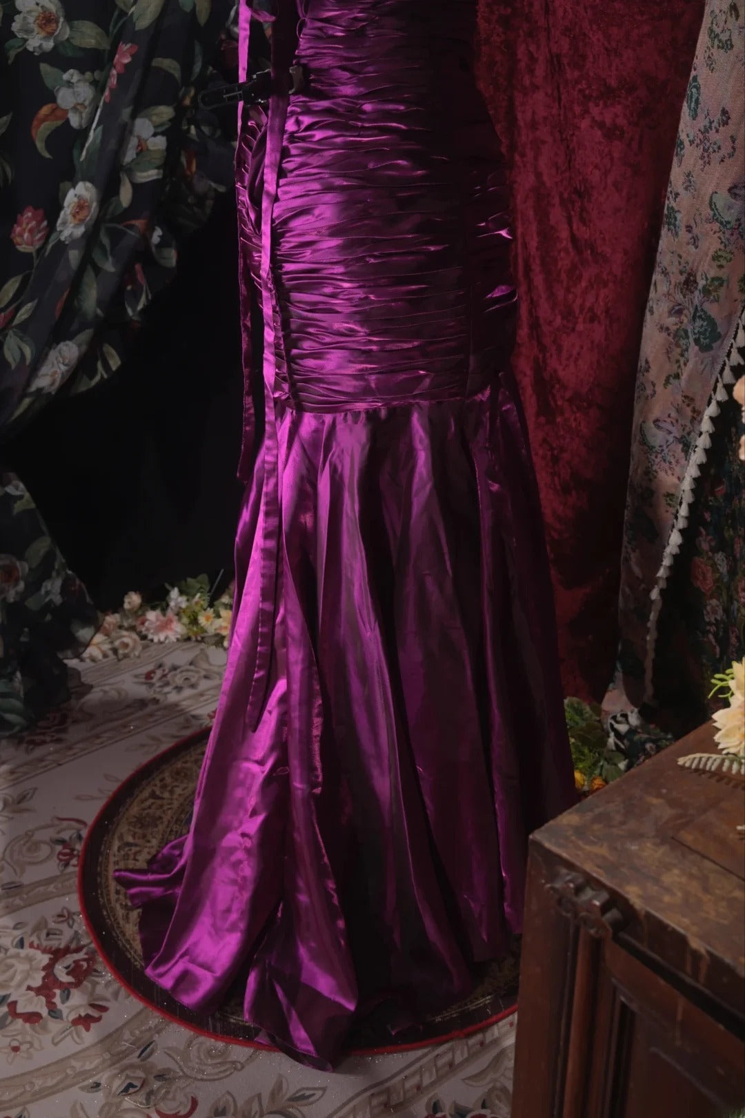 Elegant Mermaid Strapless Grape With Ruffled Folded Long Prom Dresses Formal Outfit Evening Night Dress RB8032