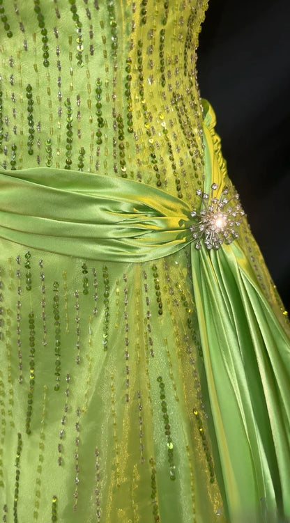 Glitter Prom Dresses Ball Gown Strapless Green With Beading Long Evening Formal Dress RB3347