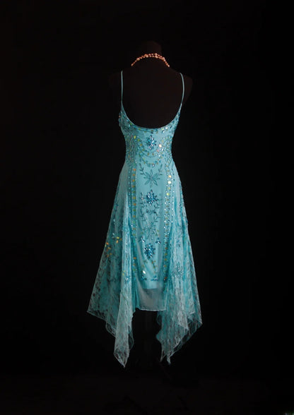 Unique Mermaid Spaghetti Strap Blue 90s With Beads Tea Length Evening For Women Party Dresses Long Formal Prom Dresses 20th Birthday Gowns AS004