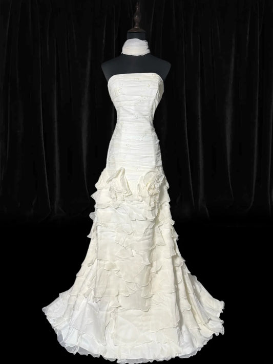 Vintage Wedding Gowns 1960s Dresses Simple Mermaid Strapless for Bride Tulle With Beads Train White Petite/Plus Size Bridal Gown AS004