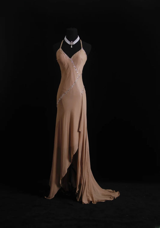 Unique Mermaid Halter Brown Chiffon 90s With Beads Floor Length Evening For Women Party Dresses Long Formal Prom Dresses 21st Birthday Gowns AS005