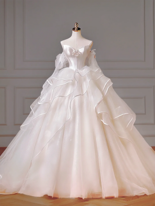 Princess Long Wedding Gowns Ball Gown Off The Shoulder Long Sleeves Pleated Tulle for Bride With Train White Bridal Dress AQ005