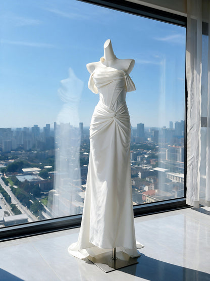 Wedding Dress Fairytale Mermaid Off The Shoulder White With Ruffled Satin Floor Length Bridal Gown RC0965