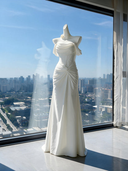 Wedding Dress Fairytale Mermaid Off The Shoulder White With Ruffled Satin Floor Length Bridal Gown RC0965