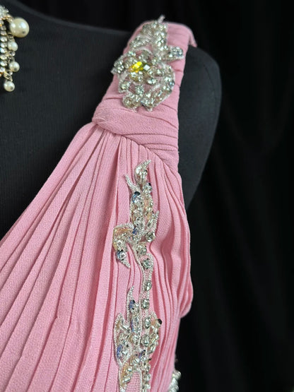Vintage Prom Dresses 80s A Line V Neckline Chiffon Pink With Beading Evening Dress Formal Outfits RB5818
