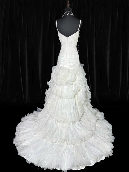 Charming Women's Mermaid Spaghetti Straps Sleeveless White Tulle Pleated With Beads Long Vintage 1920s Wedding Dresses AS005