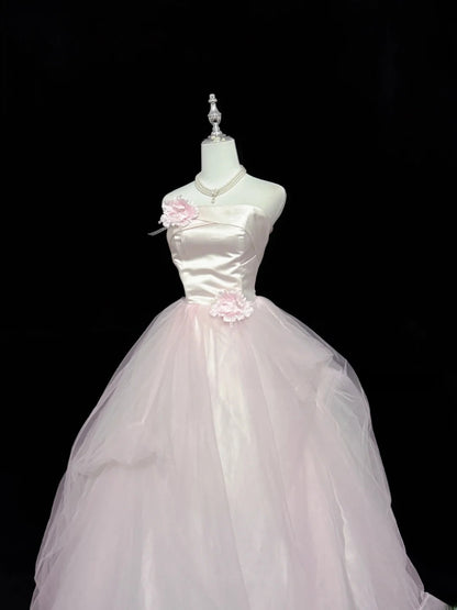 Princess Prom Dresses Ball Gown Pink Strapless Sleeveless Floor Length Tulle Evening Long Formal Dress RB7379