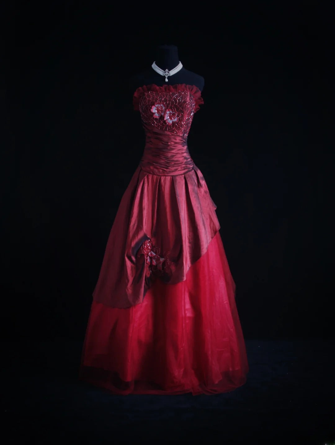 Retro Ball Gown Strapless Burgundy Tulle 90s With Beads Evening For Women Party Dresses Long Formal Prom Dresses 21st Birthday Gowns AS006