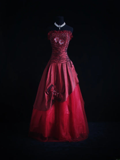 Retro Ball Gown Strapless Burgundy Tulle 90s With Beads Evening For Women Party Dresses Long Formal Prom Dresses 21st Birthday Gowns AS006