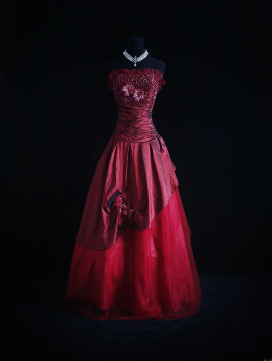 Retro Ball Gown Strapless Burgundy Tulle 90s With Beads Evening For Women Party Dresses Long Formal Prom Dresses 21st Birthday Gowns AS006