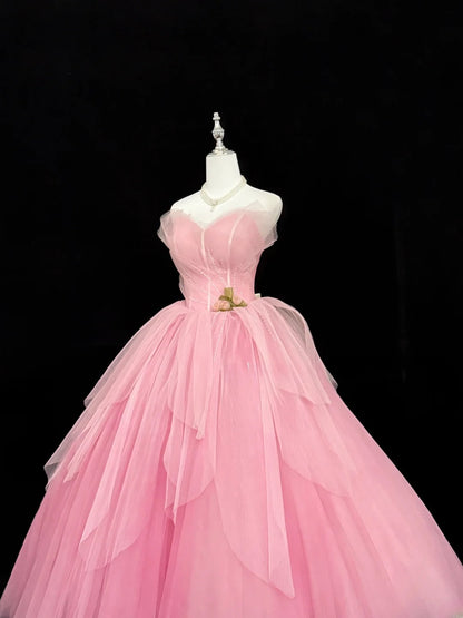 Sweety Prom Dresses Ball Gown Pink Sweetheart Sleeveless Floor Length Tulle Evening Long Formal Dress RB7380