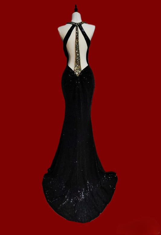 Modest Mermaid Jewel Neck Long Black Sequins With Gold Beads Evening Dresses High School Teens Senior Night Dance Party Outfits AB2516