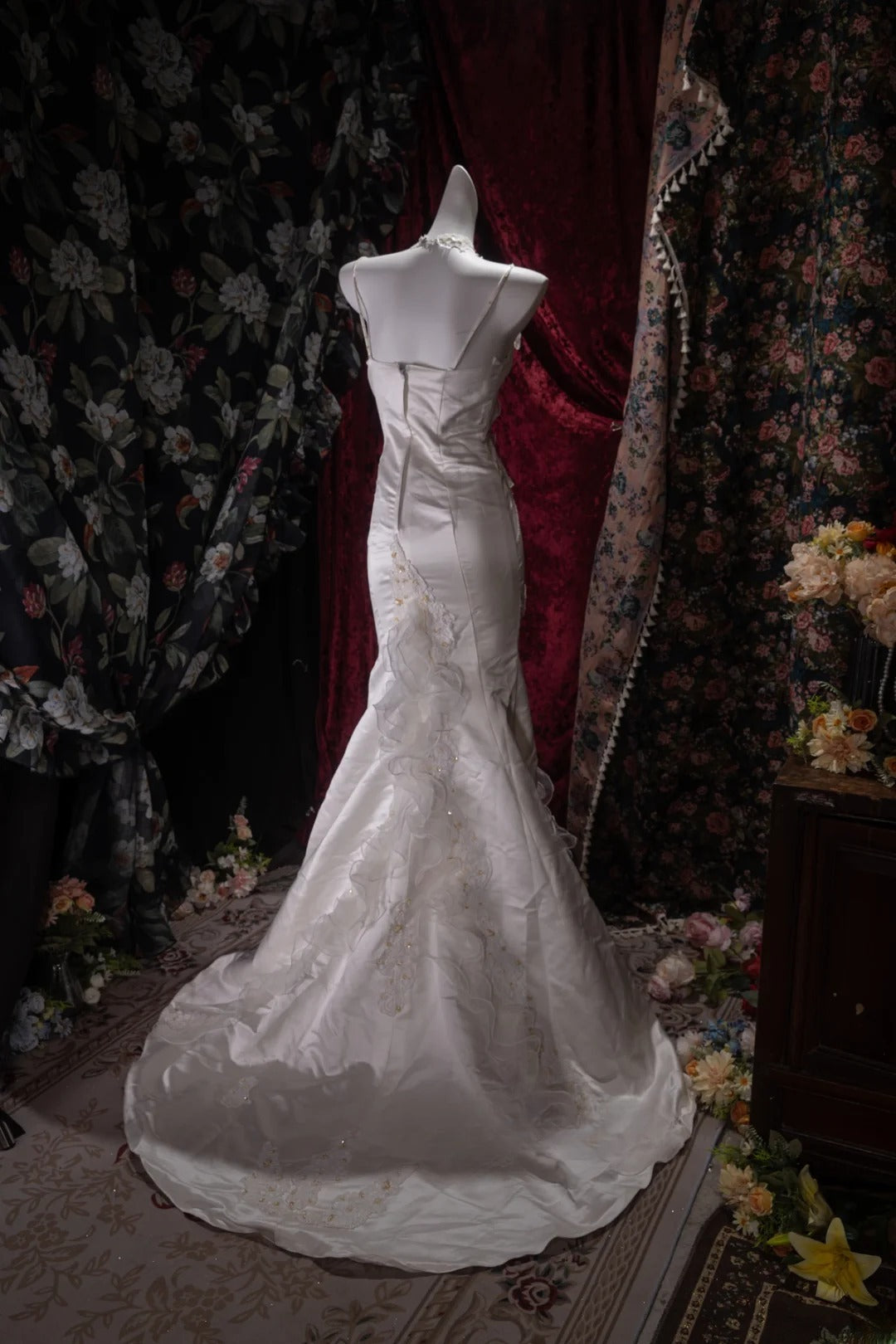 Elegant Mermaid Spaghetti Straps White Satin With Flowers Beading Long Prom Dresses Formal Outfit Evening Night Dress RB8034