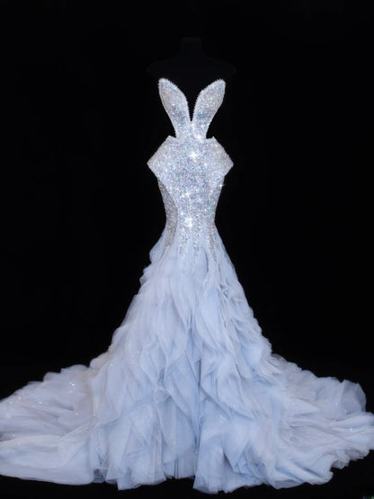 Sequin Prom Dress Aesthetic Mermaid Strapless With Pleated Style Impress Tulle Long Prom Dresses Party Formal Gowns SA006