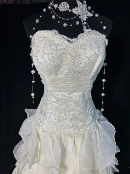 Timeless Women's Mermaid Sweetheart Sleeveless White Chiffon Tiered Pleated With Beads Lace Long Vintage 1920s Wedding Dresses AS006