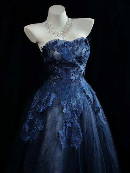 Vintage Prom Dresses 80s Ball Gown Strapless Navy Blue Tulle With Appliqued Evening Dress Formal Outfits RB5819