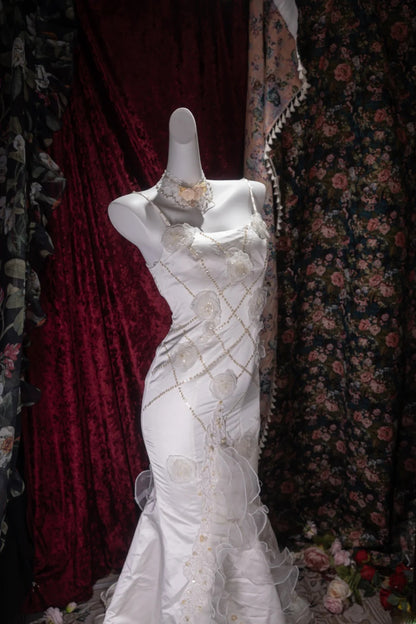 Elegant Mermaid Spaghetti Straps White Satin With Flowers Beading Long Prom Dresses Formal Outfit Evening Night Dress RB8034